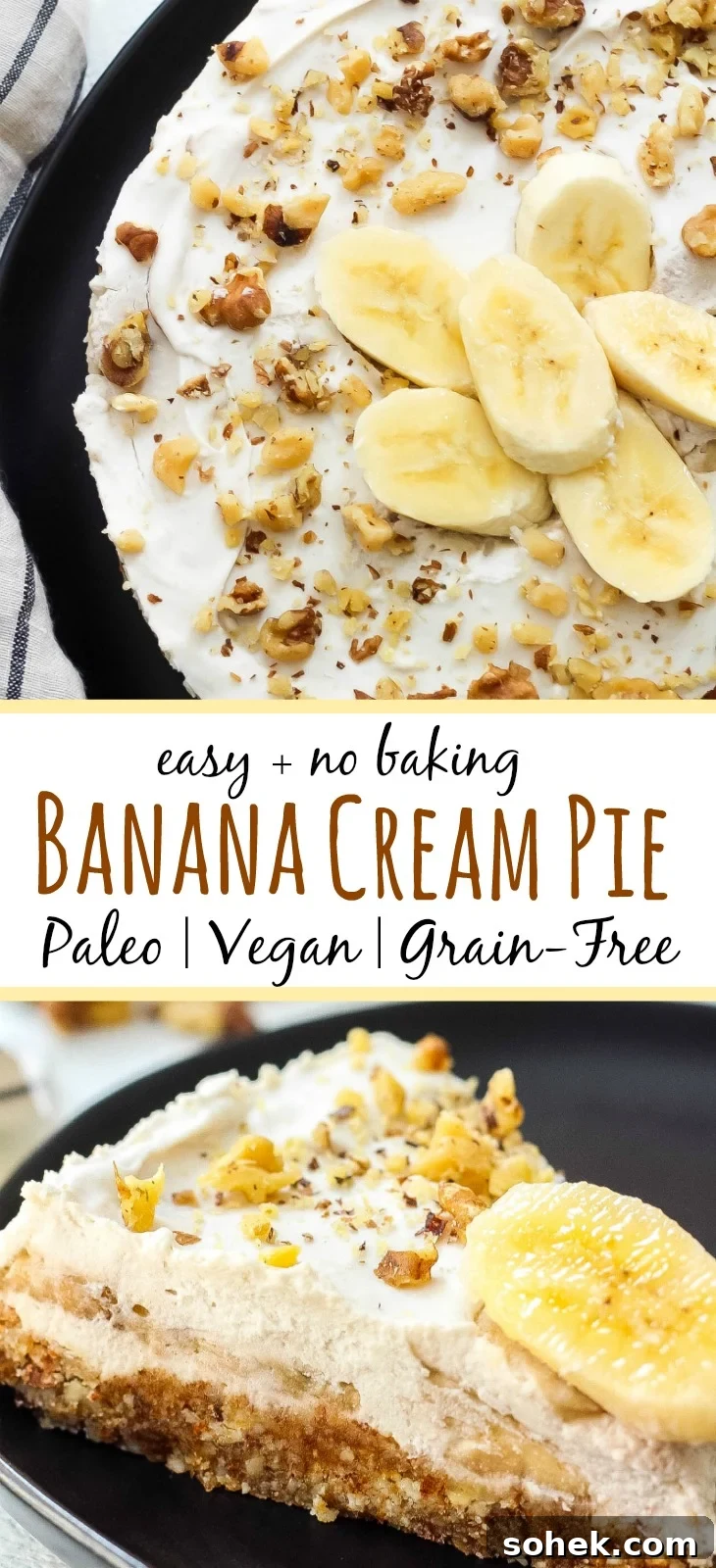 Paleo Banana Cream Pie: No-Bake Vegan Dessert Recipe 2 Paleo banana cream pie that you don't have to turn your oven on for! This easy banana cream pie is so simple and quick, it's the perfect treat for any occasion. It's also a vegan banana cream pie, so everyone can enjoy knowing this is a healthy dessert no matter how they eat!