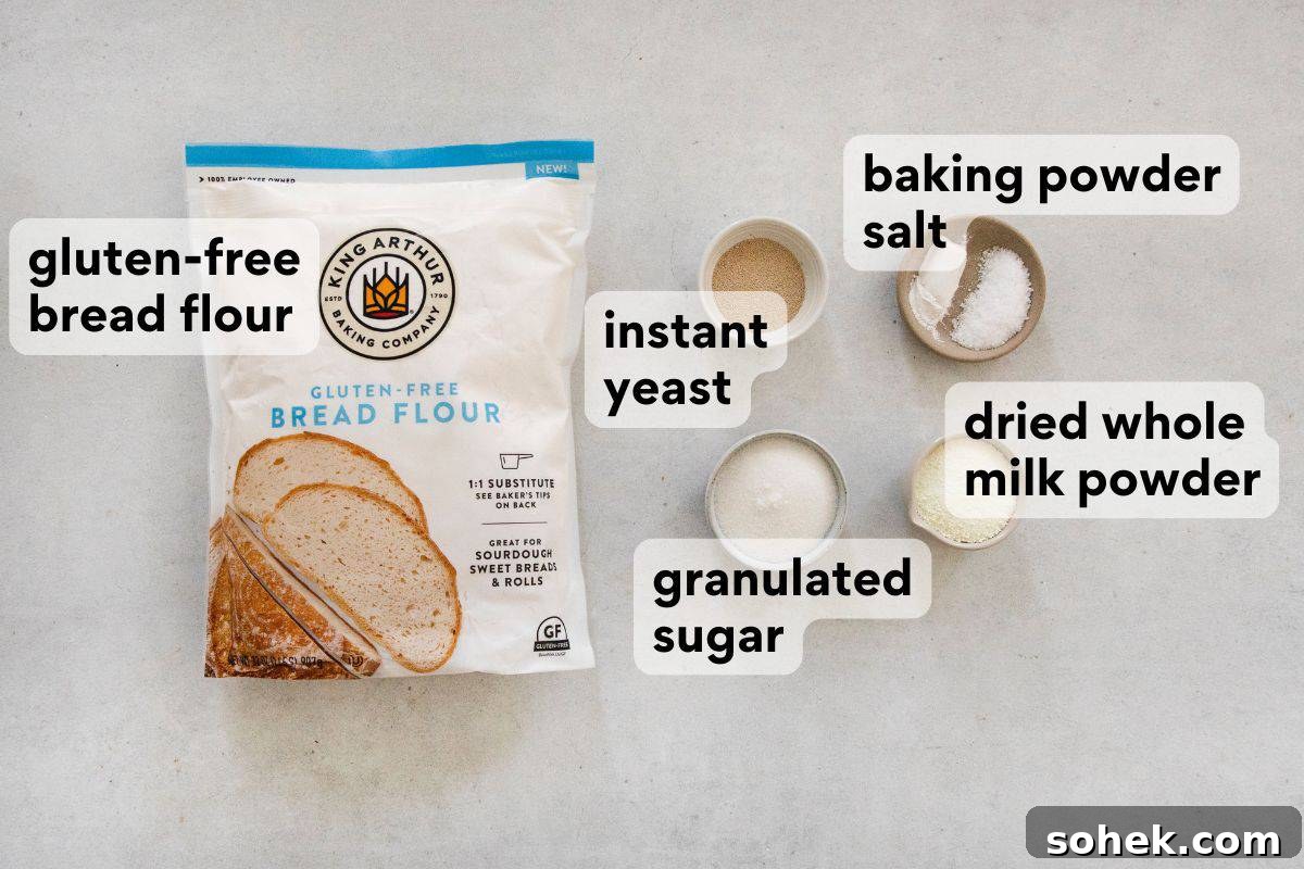 Soft Gluten-Free Dinner Rolls Recipe for Tender, Fluffy Buns 4 dry ingredients for dinner rolls measured and labeled.