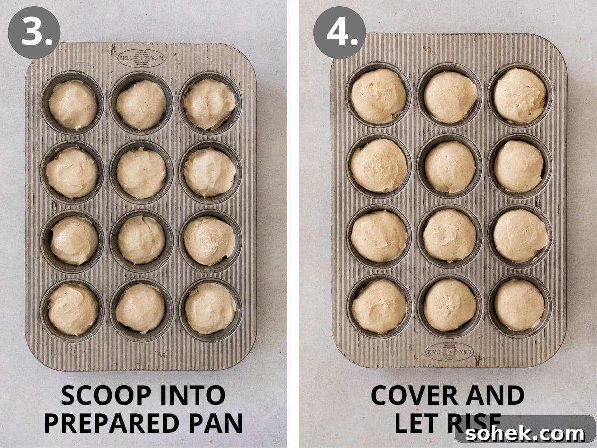 Soft Gluten-Free Dinner Rolls Recipe for Tender, Fluffy Buns 7 step 3 scoop into pan and step 4 cover and rise.