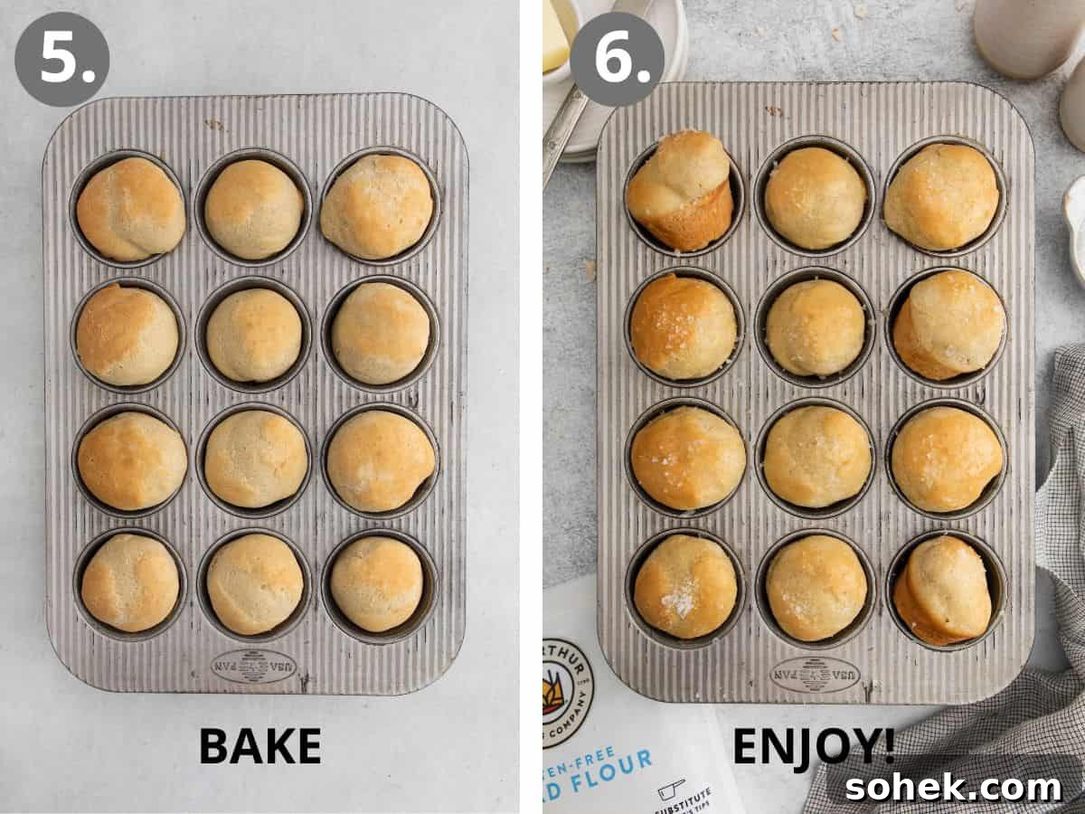 Soft Gluten-Free Dinner Rolls Recipe for Tender, Fluffy Buns 8 step 5 bake and step 6 butter and enjoy.
