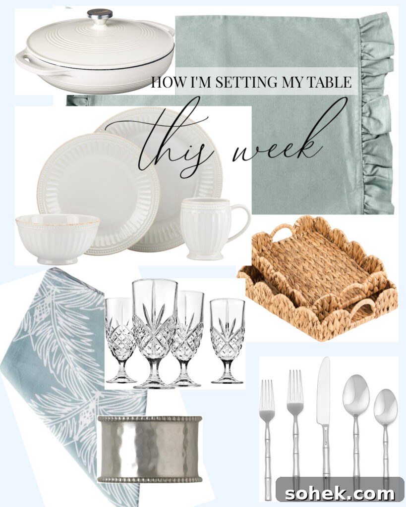 A graphic with the plates, bowls, glasses, silverware, dinner napkins and placemats I'm using to set my table this week.