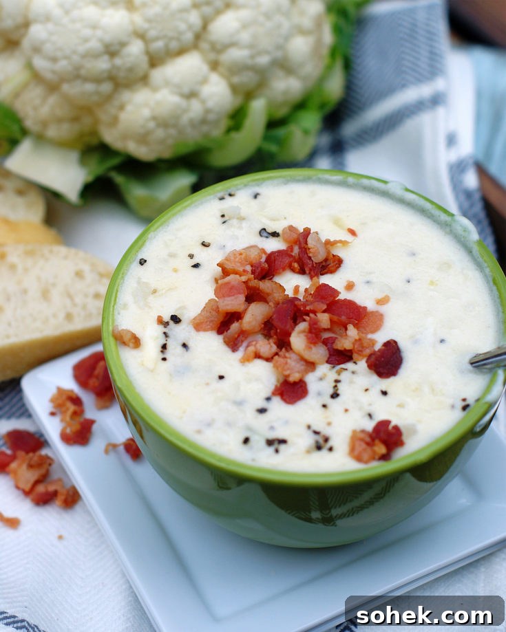 A bowl of Parmesan Cauliflower soup with bacon