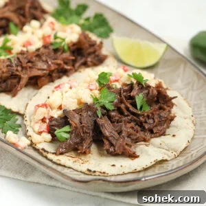 Chuck Roast Tacos with Mexican Street Corn Salsa (Street-Style) 4 Two corn tortillas topped with shredded beef, corn and red pepper salsa, and fresh parsley are served on a decorative plate with a lime wedge and parsley garnish in the background.