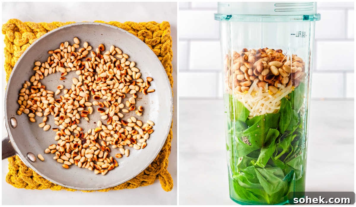 A collage showing the first steps of toasting pine nuts in a skillet and adding fresh basil, toasted pine nuts, Parmesan, and lemon juice into a blender.