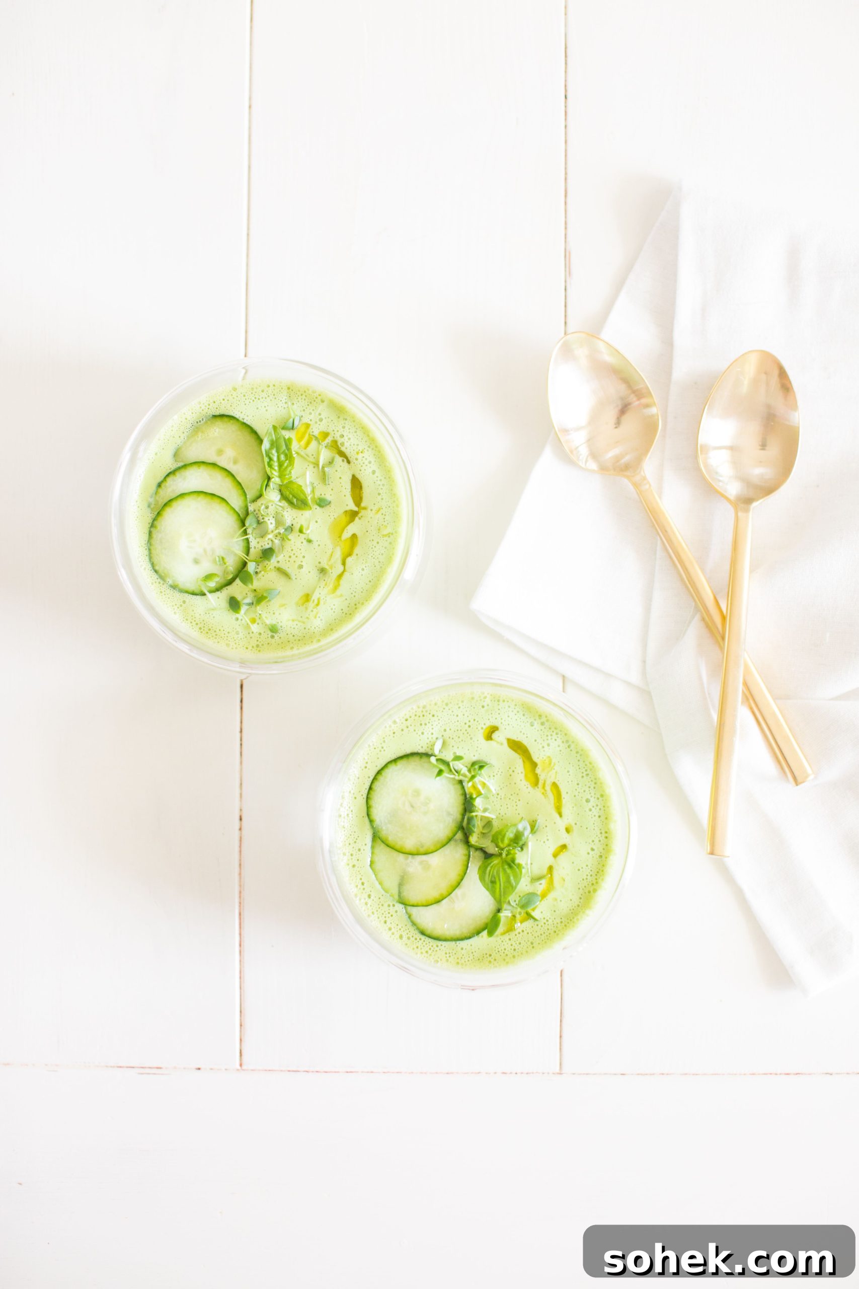 Chilled Green Gazpacho: Refreshing Cucumber Soup Recipe 2 Green Gazpacho with cucumbers and micro greens - such a healthy cold soup for the summer!