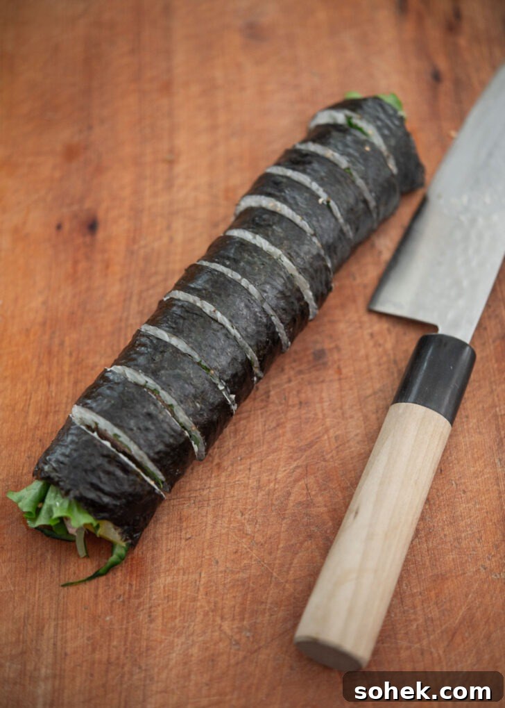 Cucumber tuna kimbap rolls sliced into bite-sized pieces