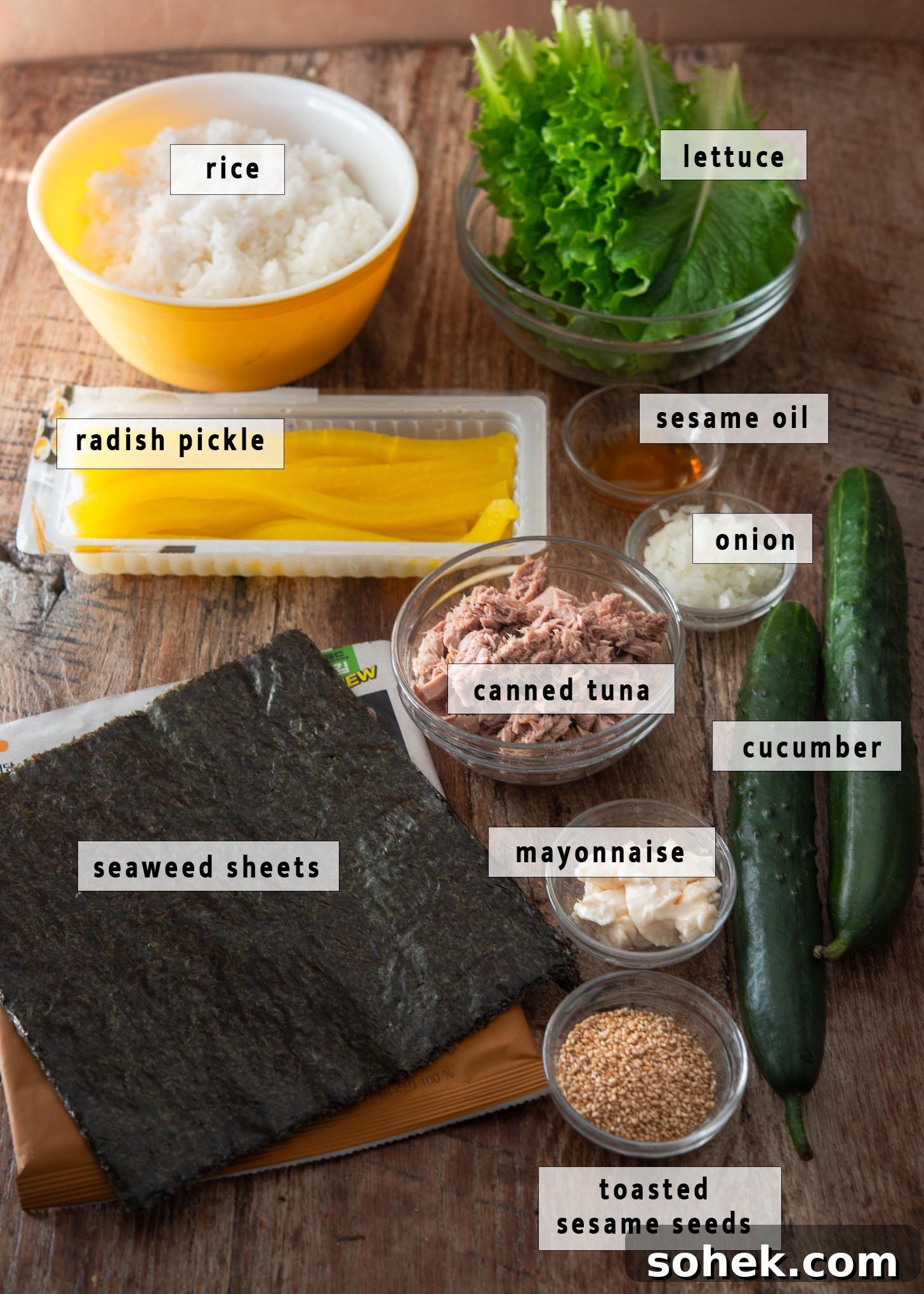 Ingredients arranged for making tuna cucumber kimbap
