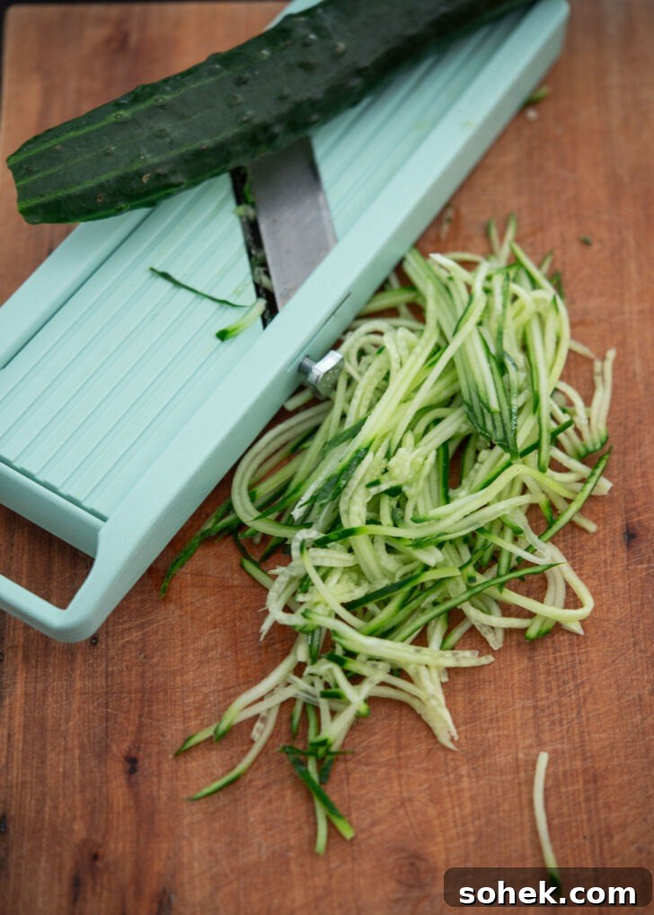 Thin cucumber slices being cut with a mandolin