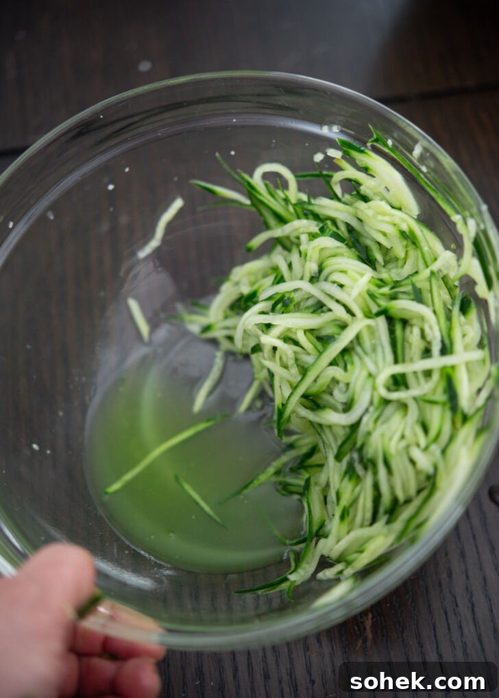 Salted cucumber strips after releasing excess moisture