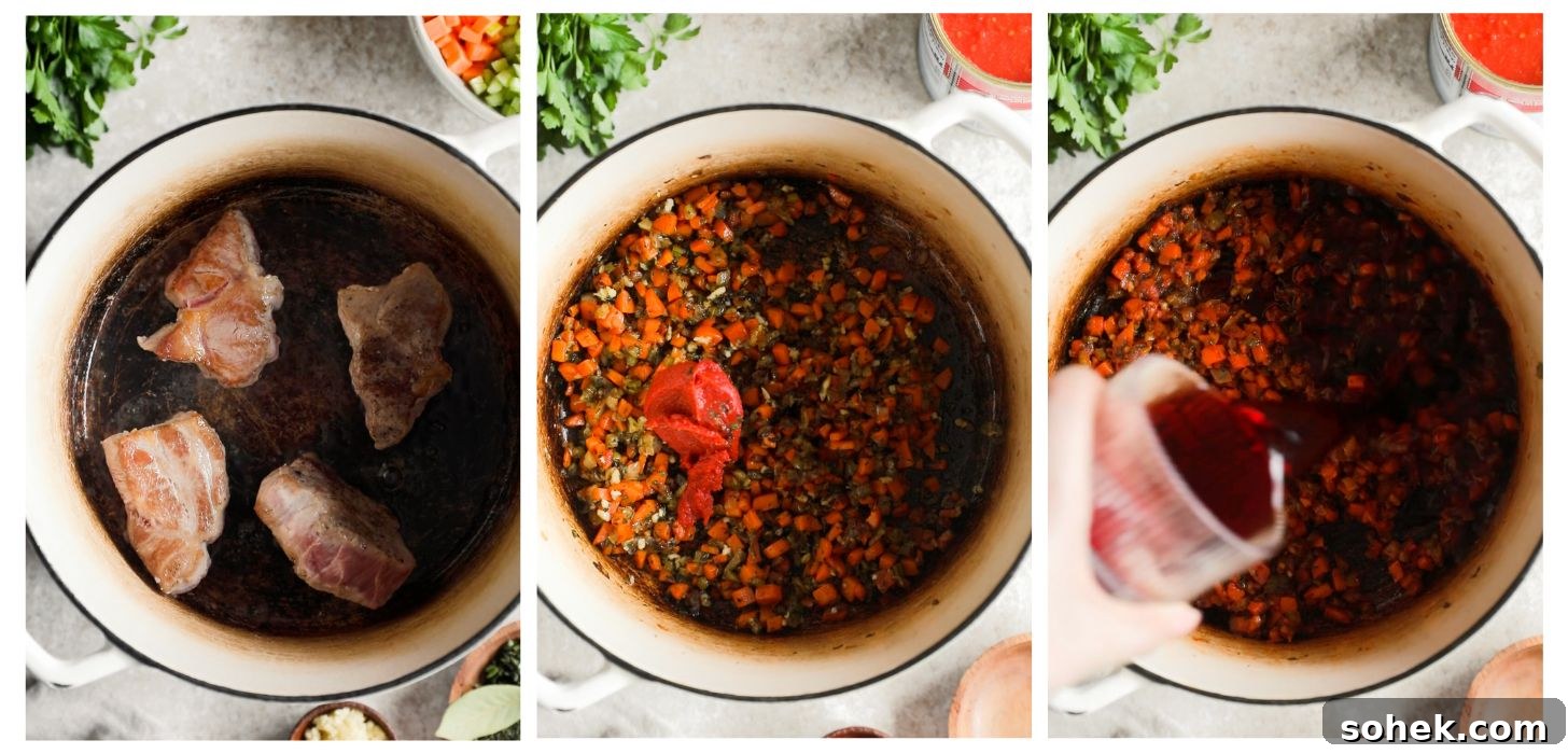 Three steps to searing meat and veggies. In photo 1, pork shoulder is searing in a white pot on a beige counter next to a white bowl of veggies and parsley. In photo 2, the pot is filled with carrots, celery, onions, and tomato paste. In photo 3, a hand is pouring red wine into the veggies.