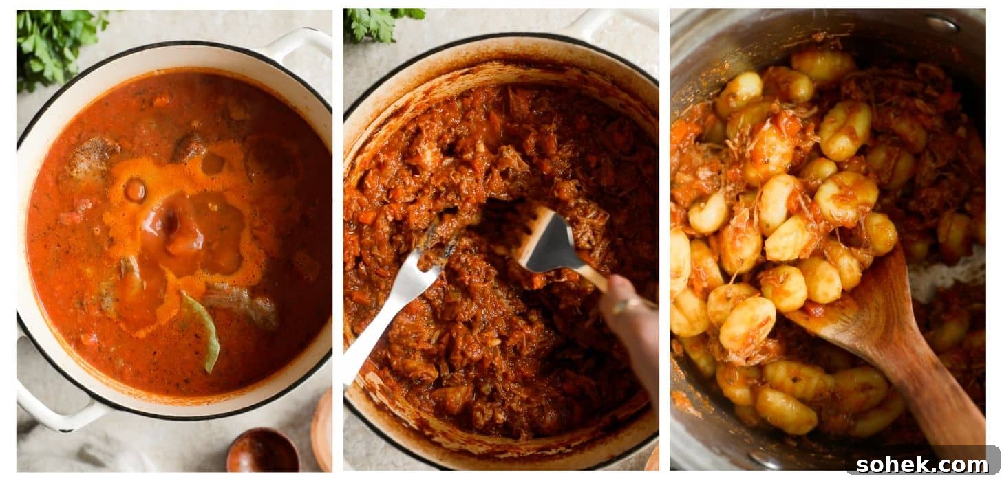 Three steps to making gnocchi al ragu. In photo 1, tomato sauce boils in a white pot on a beige table next to parsley. In photo 2, hands shred pork in the sauce. In photo 3, the sauce is being mixed with gnocchi.