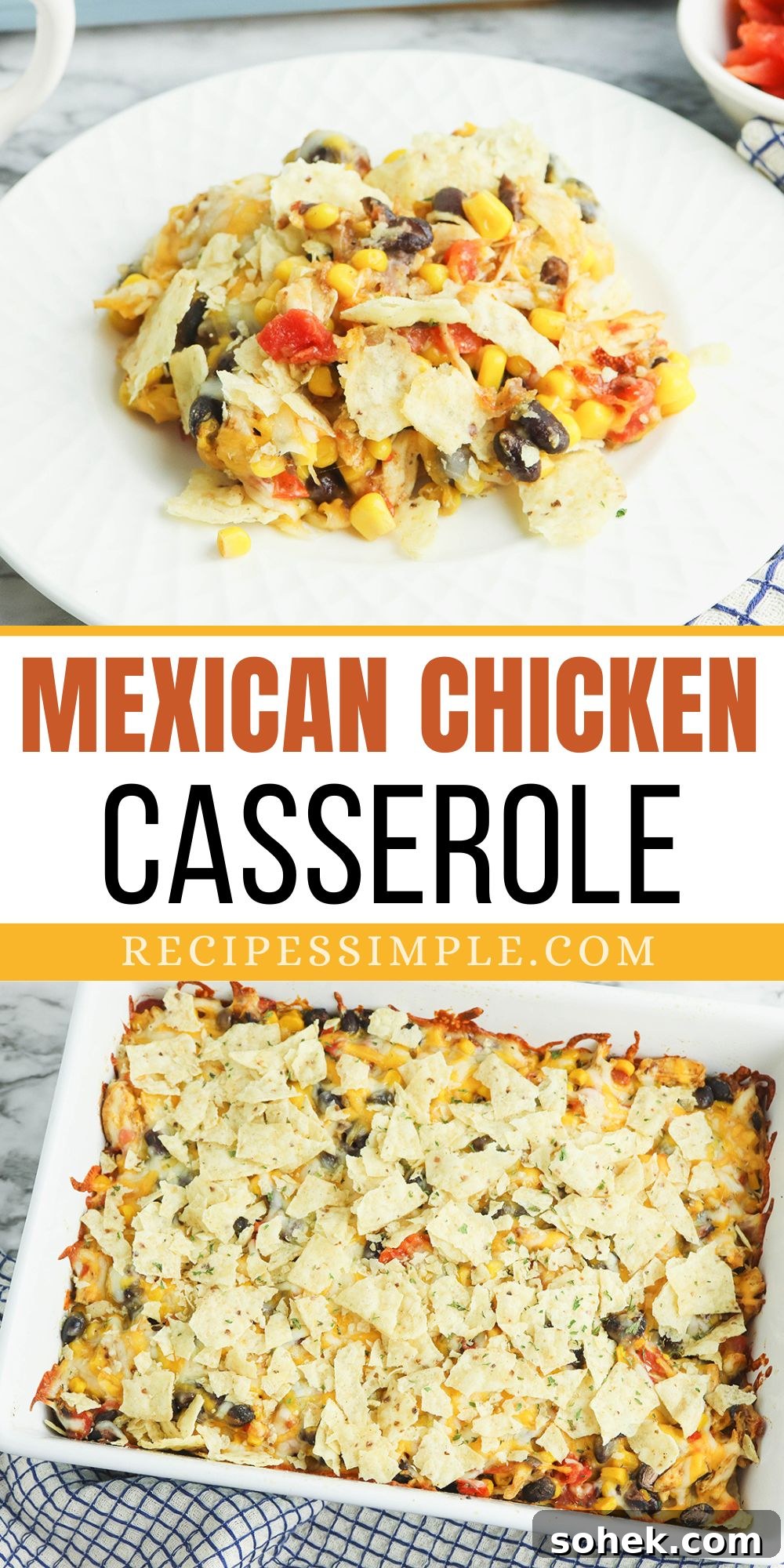 Mexican Chicken Casserole in white baking dish and serving of casserole on white plate.