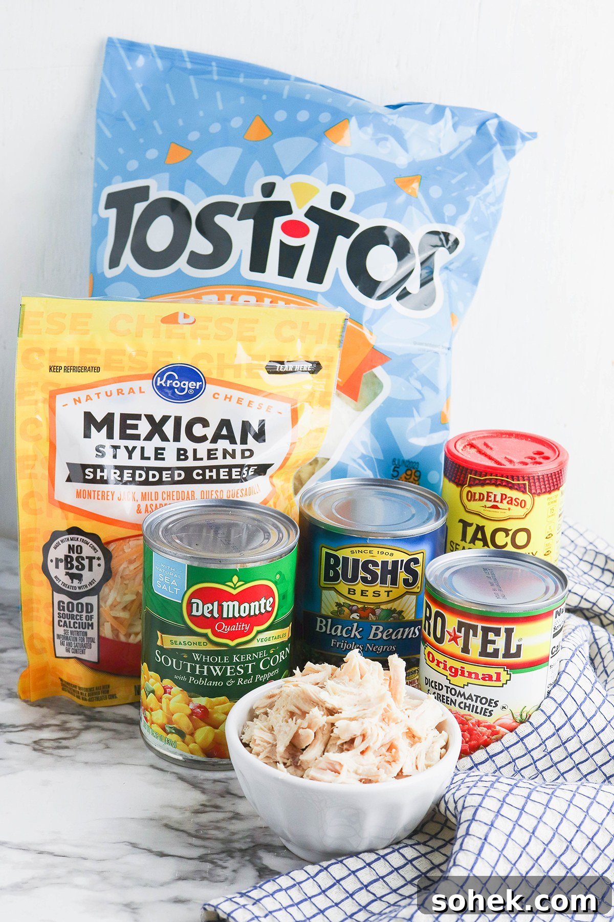 Ingredients to make Mexican Chicken Casserole set out on counter.