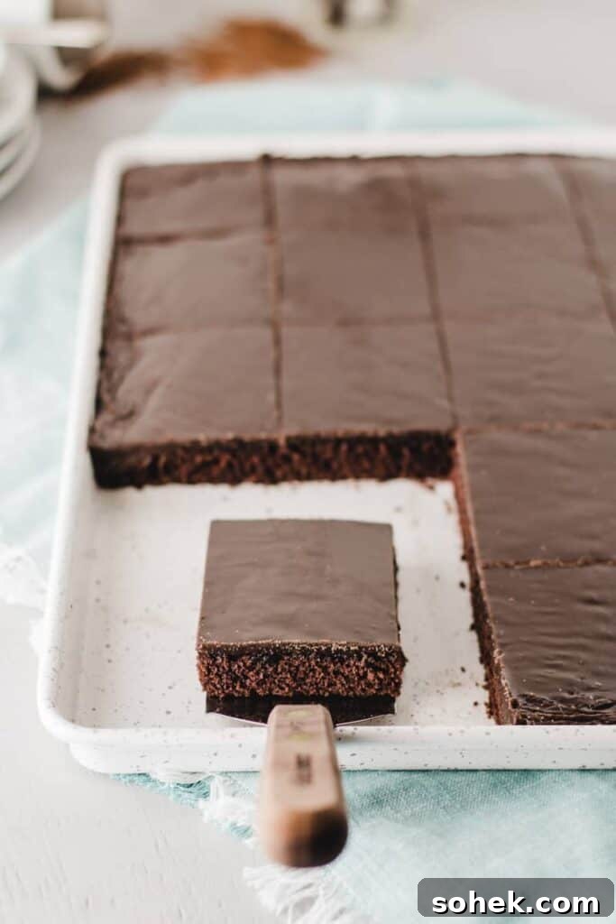 Gluten-Free Texas Sheet Cake Recipe: Moist Chocolate Sheet Cake 2 Gluten-free Texas Sheet Cake, sliced in pan. One slice on serving spatula.