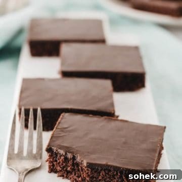 Gluten-Free Texas Sheet Cake Recipe: Moist Chocolate Sheet Cake 11 Four slices of gluten-free Texas sheet cake on a marble slab, one with a bite taken from the corner.