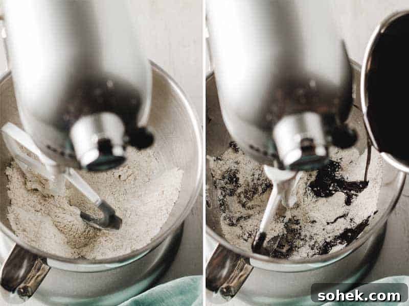 Gluten-Free Texas Sheet Cake Recipe: Moist Chocolate Sheet Cake 4 Left: Dry ingredients in mixer bowl. Right: Cocoa mixture drizzled into dry ingredients.