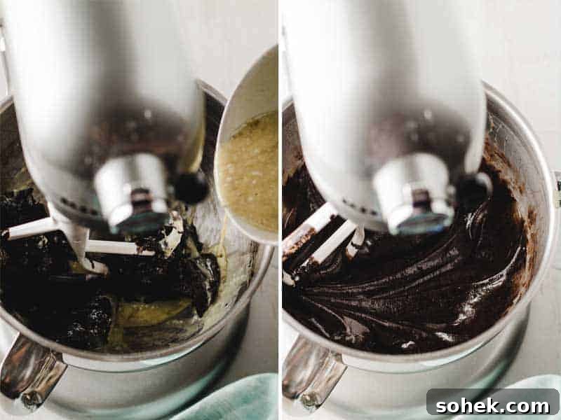 Gluten-Free Texas Sheet Cake Recipe: Moist Chocolate Sheet Cake 5 Left: Pouring in wet ingredients.
Right: Dark chocolate cake batter, mixed.
