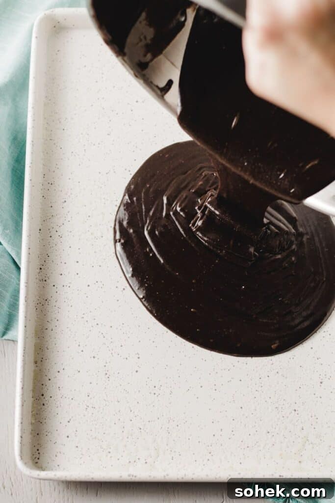 Gluten-Free Texas Sheet Cake Recipe: Moist Chocolate Sheet Cake 6 Pouring dark chocolate cake batter into greased speckled sheet pan.