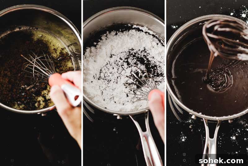 Gluten-Free Texas Sheet Cake Recipe: Moist Chocolate Sheet Cake 7 Making chocolate icing by whisking butter, cocoa, and powdered sugar in pan. Icing dripping from whisk.