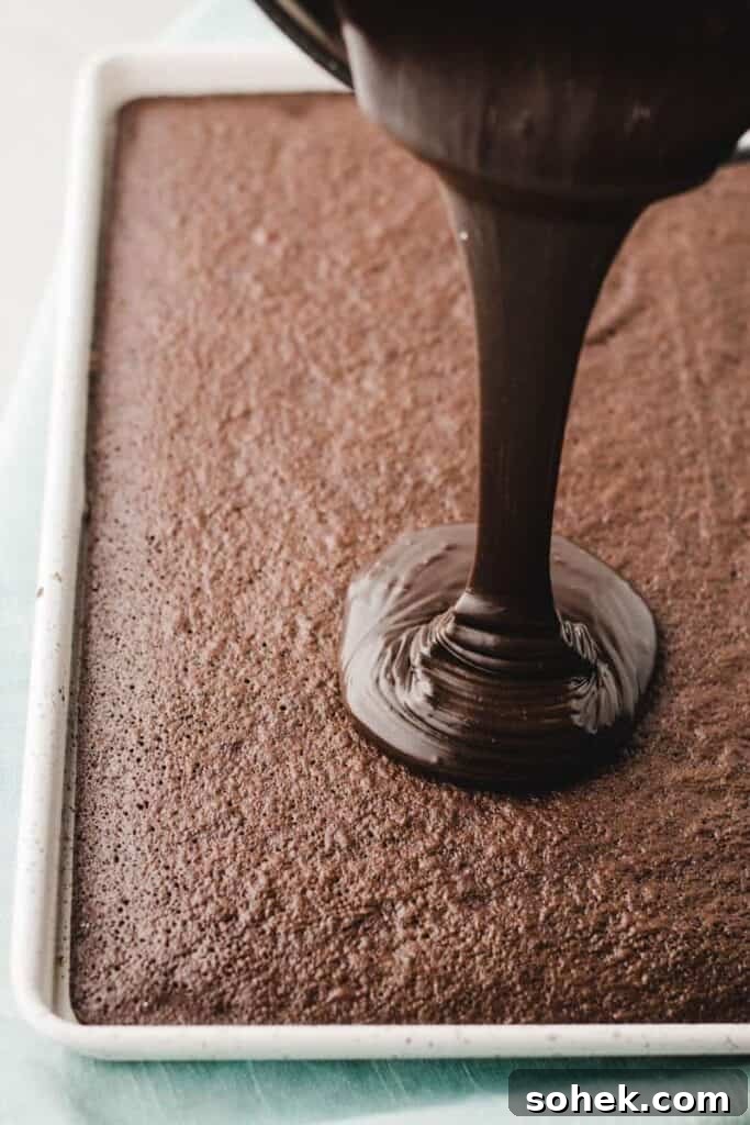 Gluten-Free Texas Sheet Cake Recipe: Moist Chocolate Sheet Cake 8 Warm chocolate icing poured onto warm chocolate sheet cake.