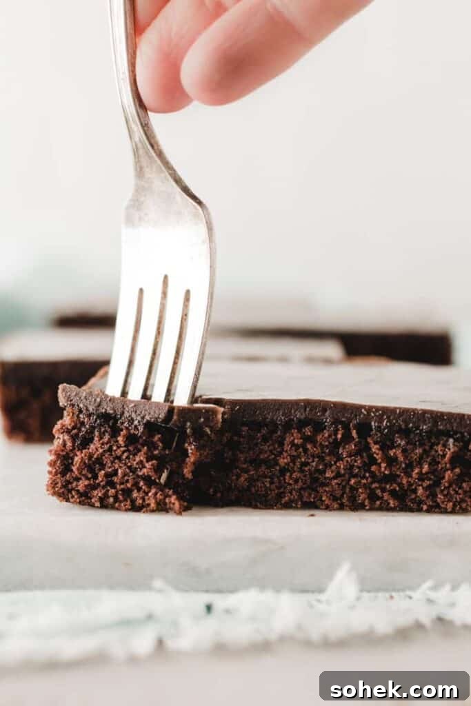 Gluten-Free Texas Sheet Cake Recipe: Moist Chocolate Sheet Cake 10 A fork sunk into corner of a slice of Texas sheet cake.