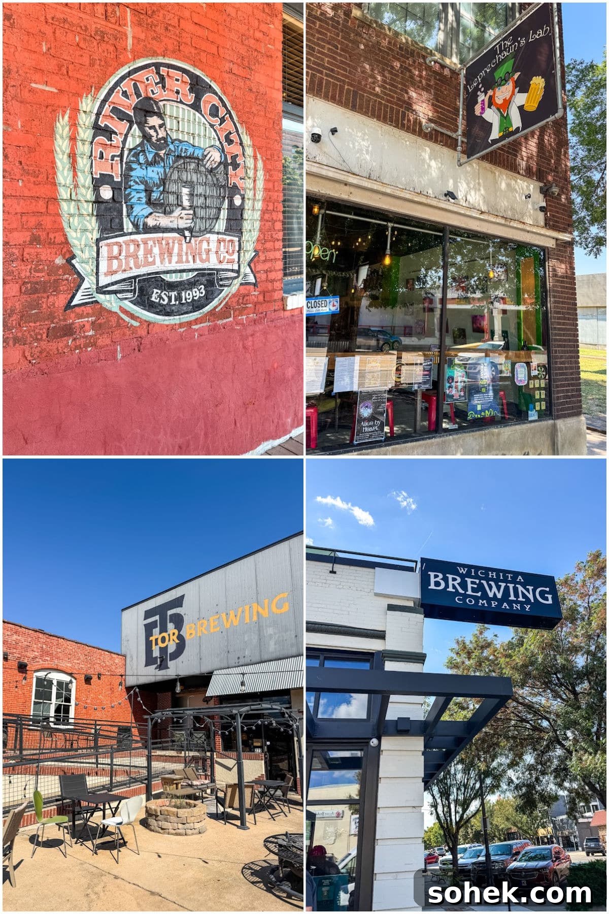 Discover Wichita, Kansas: Must-See Sights and Local Gems 3 A collage of four different brewery exteriors, each with visible signage displaying the brewery's name and logos, set in an urban environment.