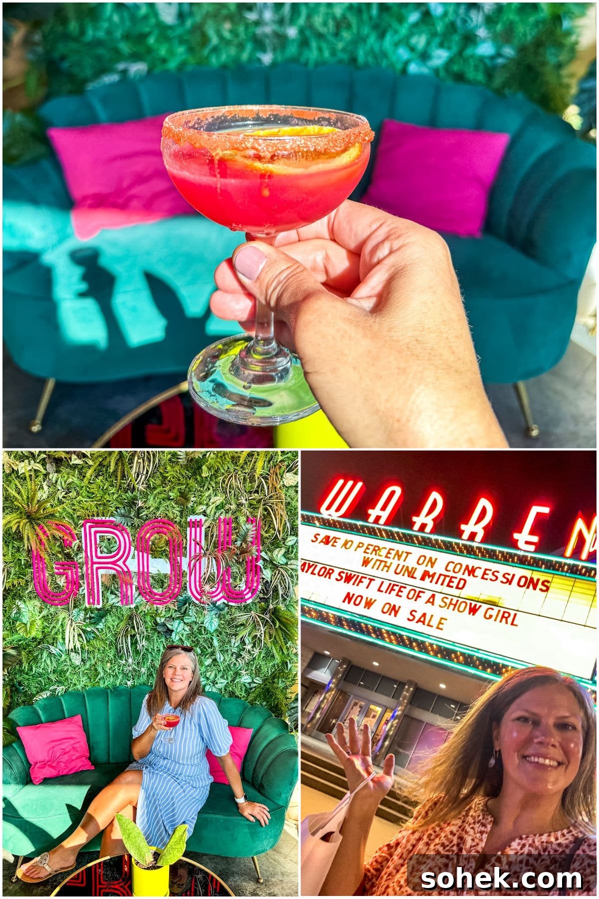 Discover Wichita, Kansas: Must-See Sights and Local Gems 9 A hand holds a red cocktail in front of a teal couch; below, a woman poses on a couch with "GROW" sign and stands outside a theater with a marquee.