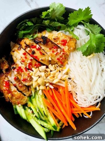 A bowl of vermicelli salad with sliced chicken