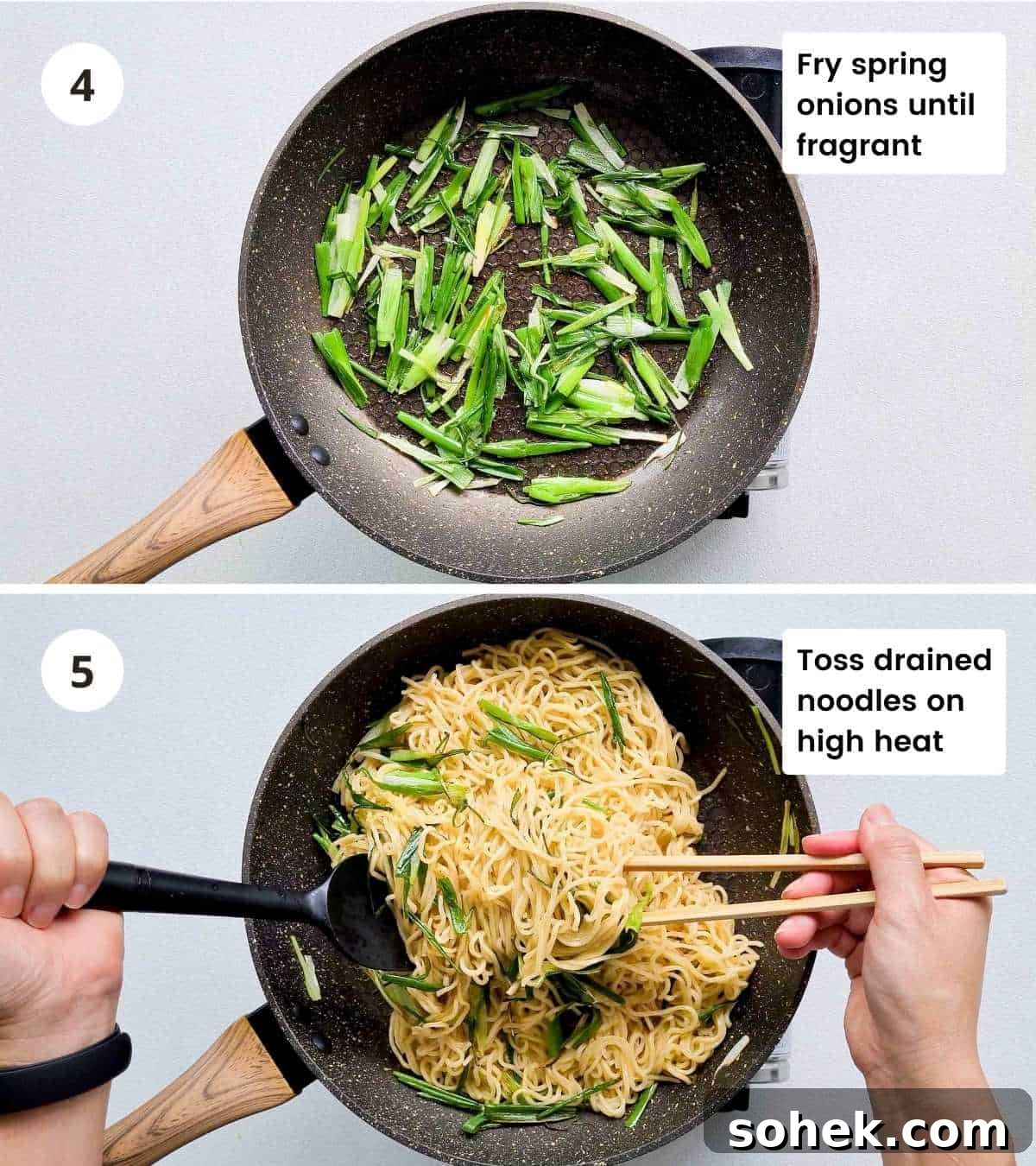 2 step instructions collage of cooking the soy sauce noodles part 1
