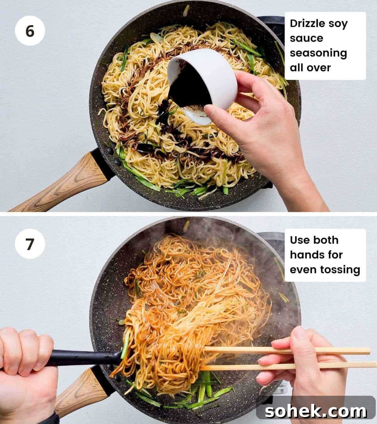 2 step instructions collage of cooking the soy sauce noodles part 2