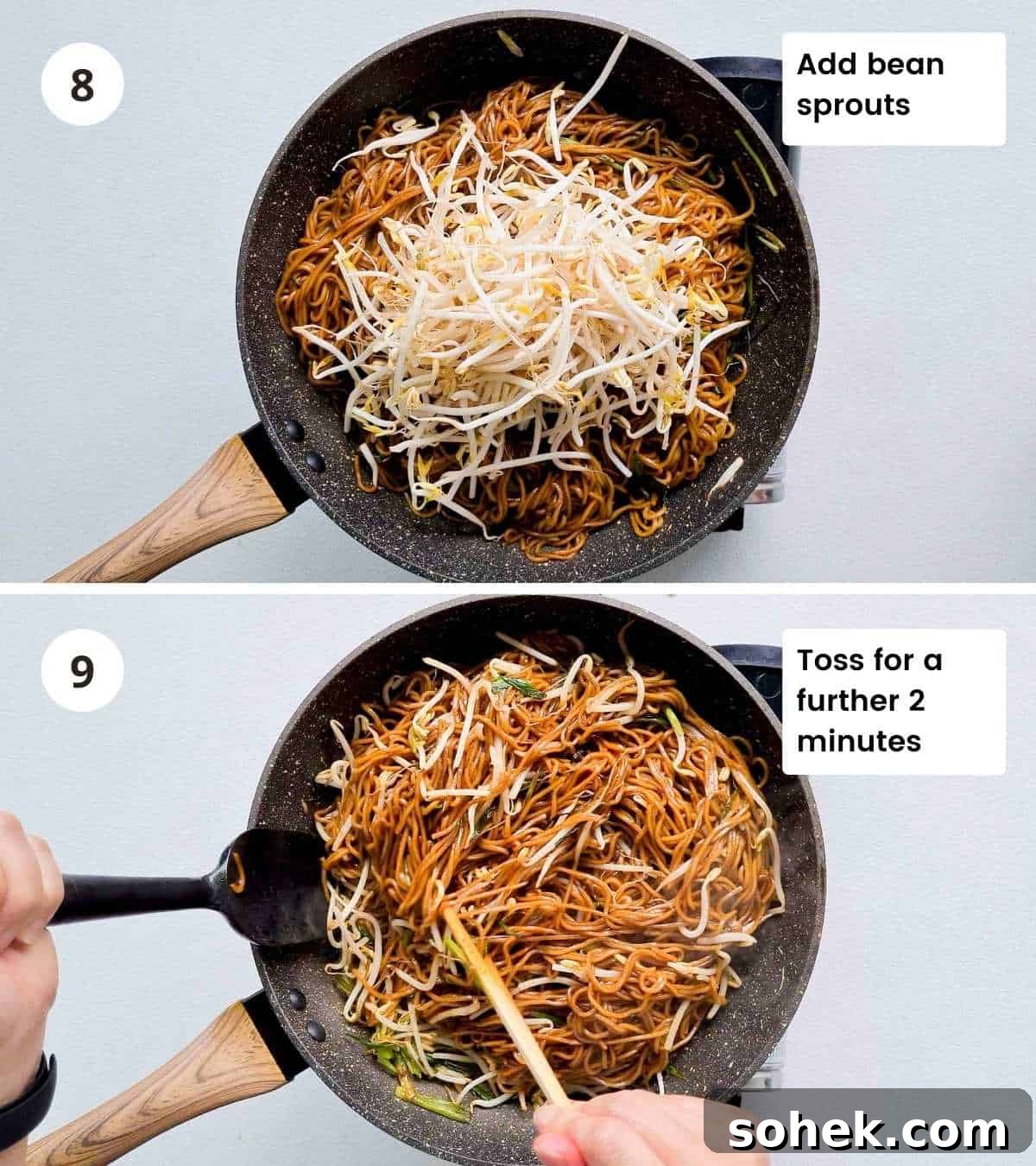 2 step instructions collage of cooking the soy sauce noodles part 3
