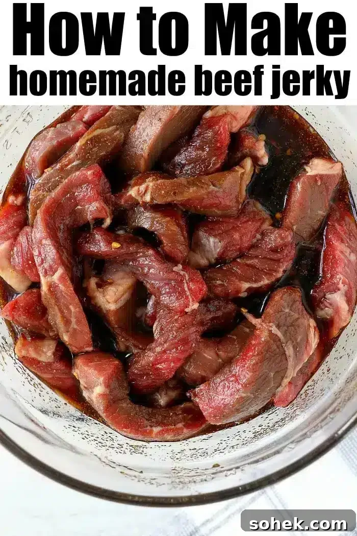 Crispy Air Fryer Beef Jerky Recipe for Homemade Snacks 4 A glass bowl containing marinated strips of raw beef is shown from above. The text above the image reads, "How to Make homemade air fryer beef jerky." The beef strips are soaking in a dark sauce, appearing ready for the next step in the jerky preparation process.