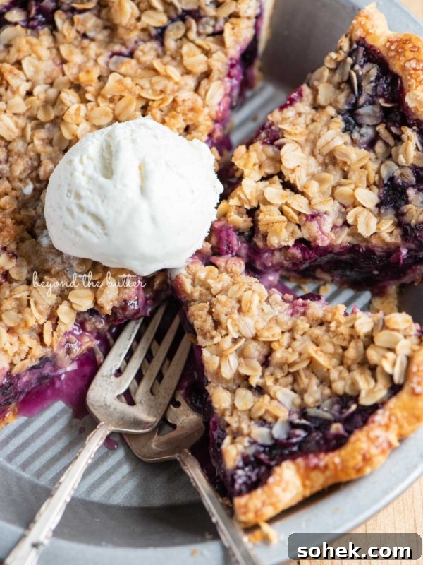 Slices of blueberry crumble pie in pie plate with scoopy of ice cream in the center.