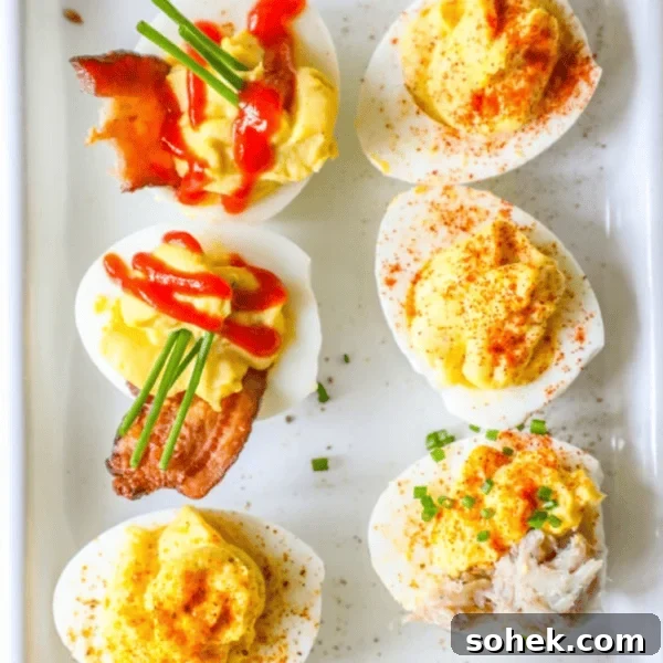 Mediterranean Baked Olives with Feta and Herbs 14 Six deviled eggs on a white tray