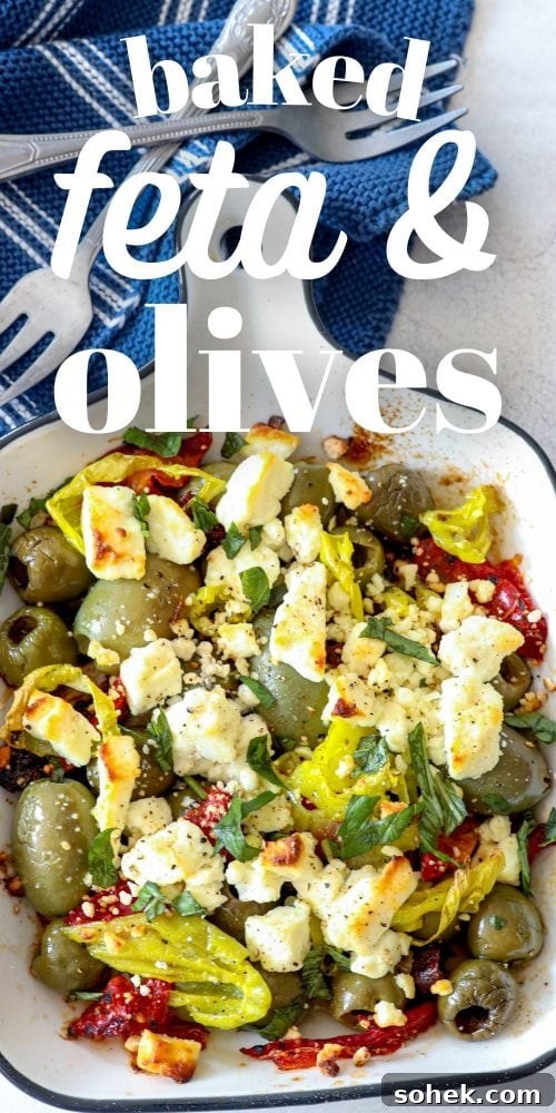 Mediterranean Baked Olives with Feta and Herbs 17 picture of baked olives and feta in a white glass dish