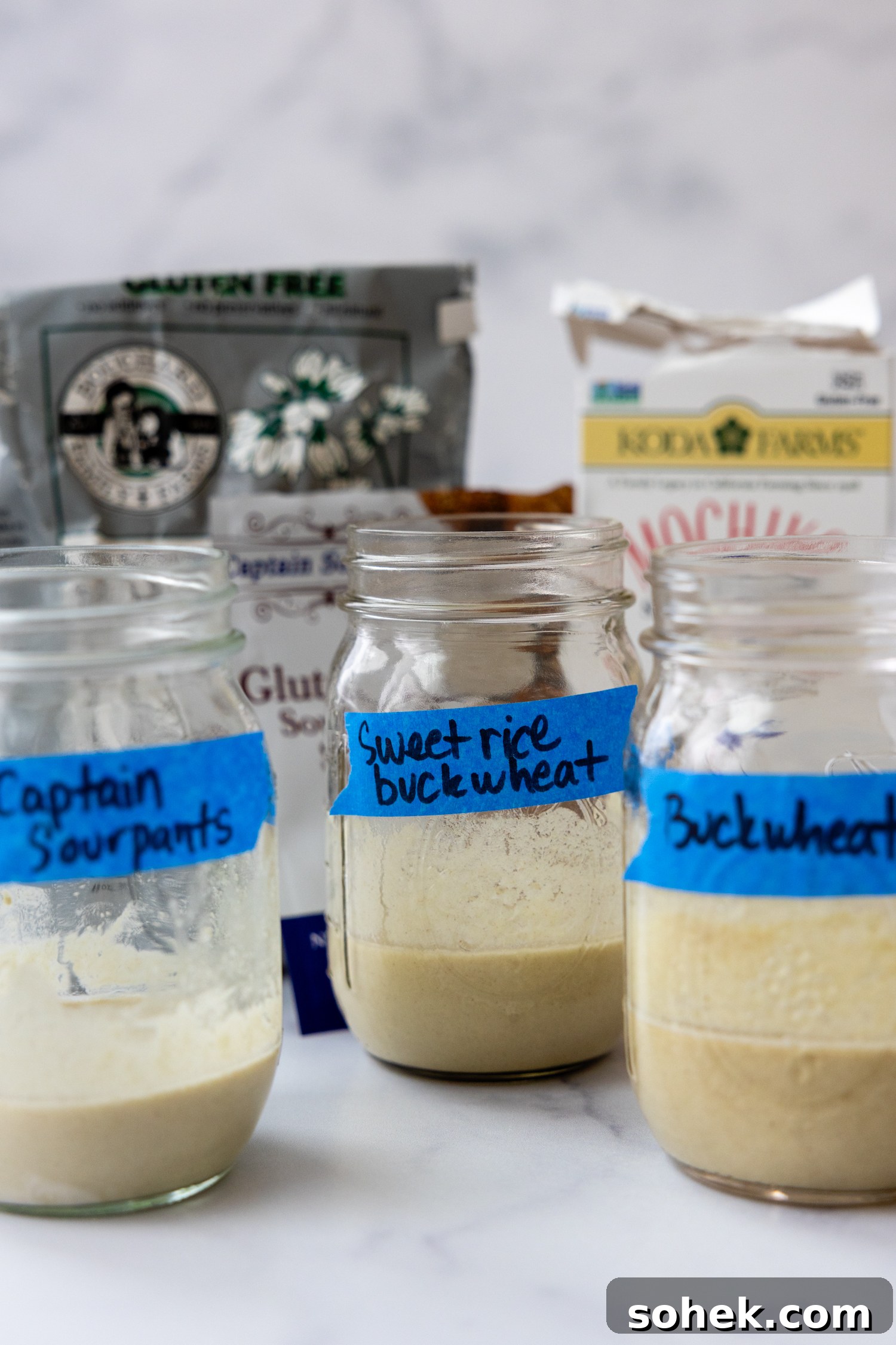 Gluten-Free Sourdough Starter: Reliable Step-by-Step Recipe 3 3 glass jars of different starters made up of 3 different GF starches.
