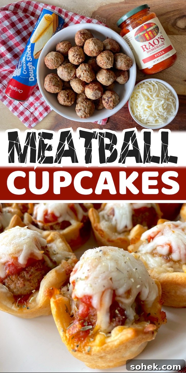 Savory Mini Meatball Cupcakes for Appetizers and Parties 14 If you're looking for fun dinner ideas for your family, these mini meatball cupcakes are super quick and easy to make with just a few cheap ingredients! My kids love them. They are perfect for family game night, sleepovers, or busy school night meals. I love making dinner in a muffin tin because it makes for the perfect whimsical finger food. These little meatball bites are made with a Pillsbury dough sheet, frozen meatballs, pizza sauce, and mozzarella cheese. So simple and delicious. Your picky eaters are going to love them!