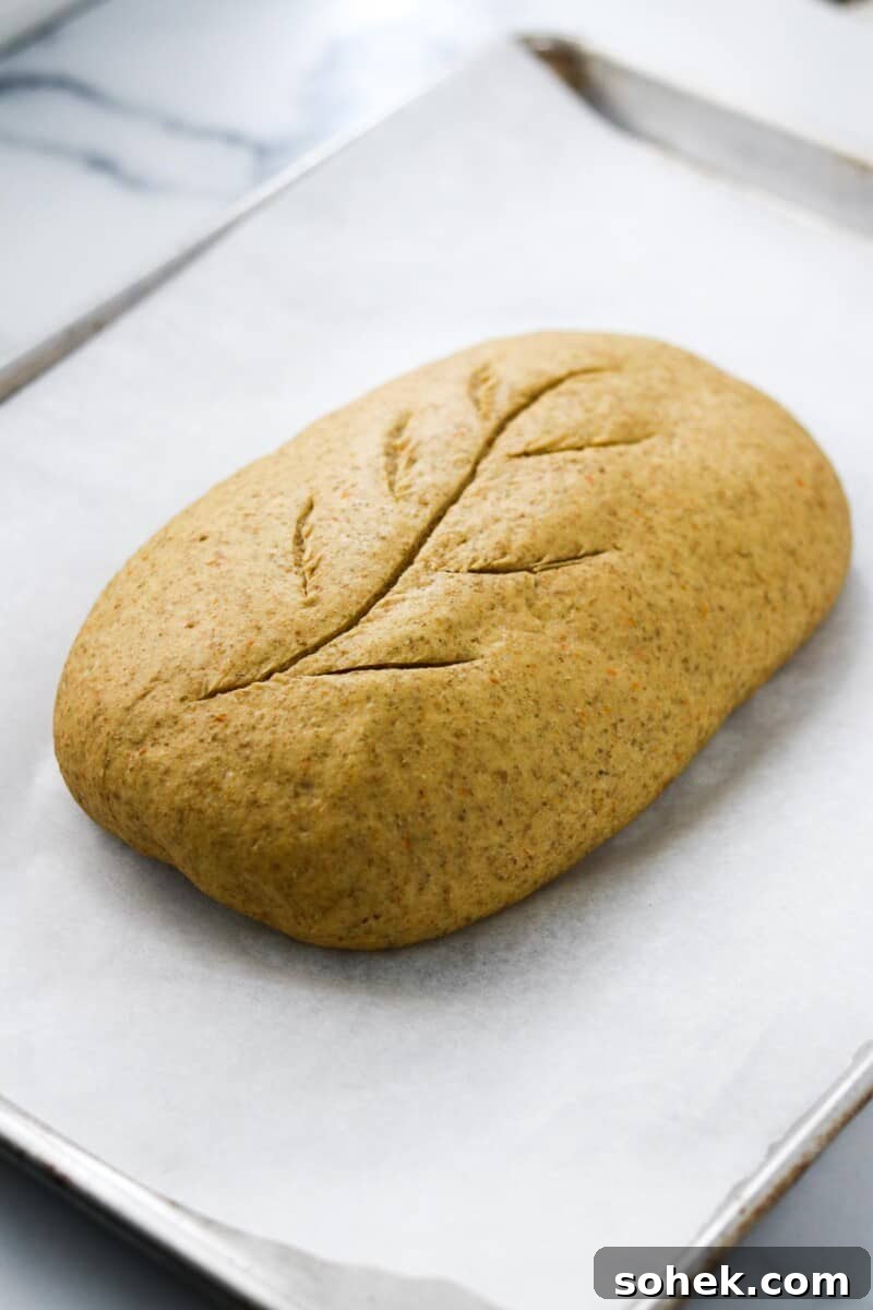 Unbaked loaf of Swedish Limpa Bread on a baking sheet.