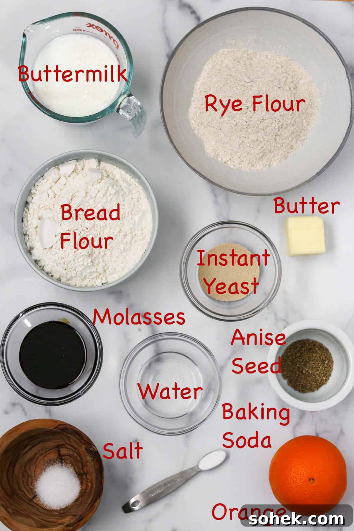 Labeled ingredients for Swedish Limpa Bread.