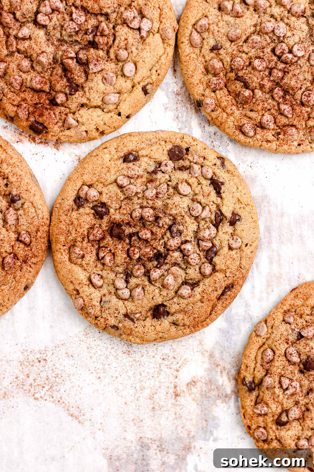 Cinnamon Chocolate Chip Cookie Recipe — Warm, Spiced Chocolate Treat 2 Cinnamon chocolate chip cookies on a parchment lined baking sheet.