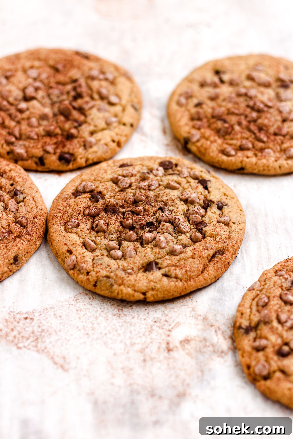Cinnamon Chocolate Chip Cookie Recipe — Warm, Spiced Chocolate Treat 3 Cinnamon chocolate chip cookies on a parchment lined baking sheet.