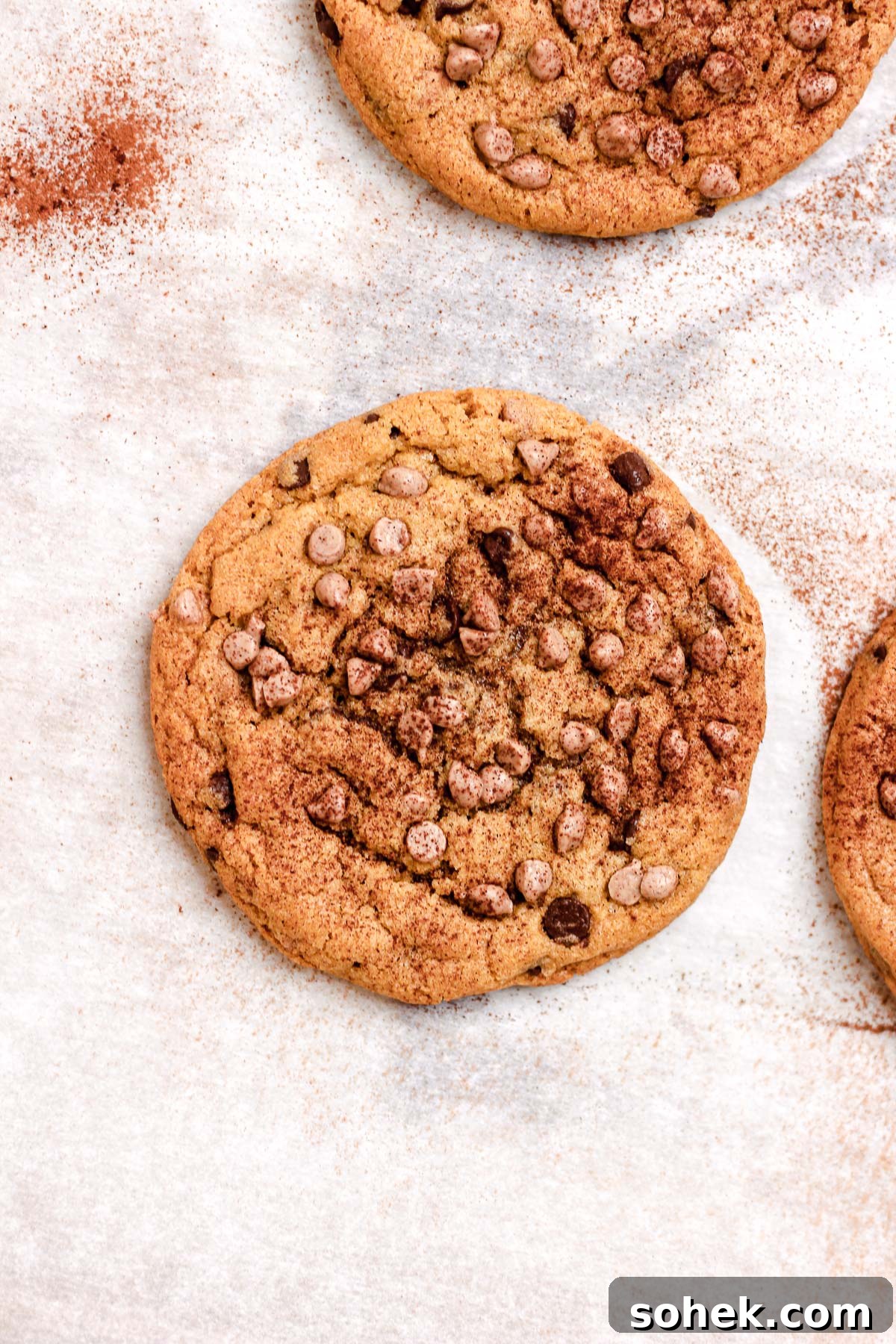 Cinnamon Chocolate Chip Cookie Recipe — Warm, Spiced Chocolate Treat 4 Cinnamon chocolate chip cookies on a parchment lined baking sheet.