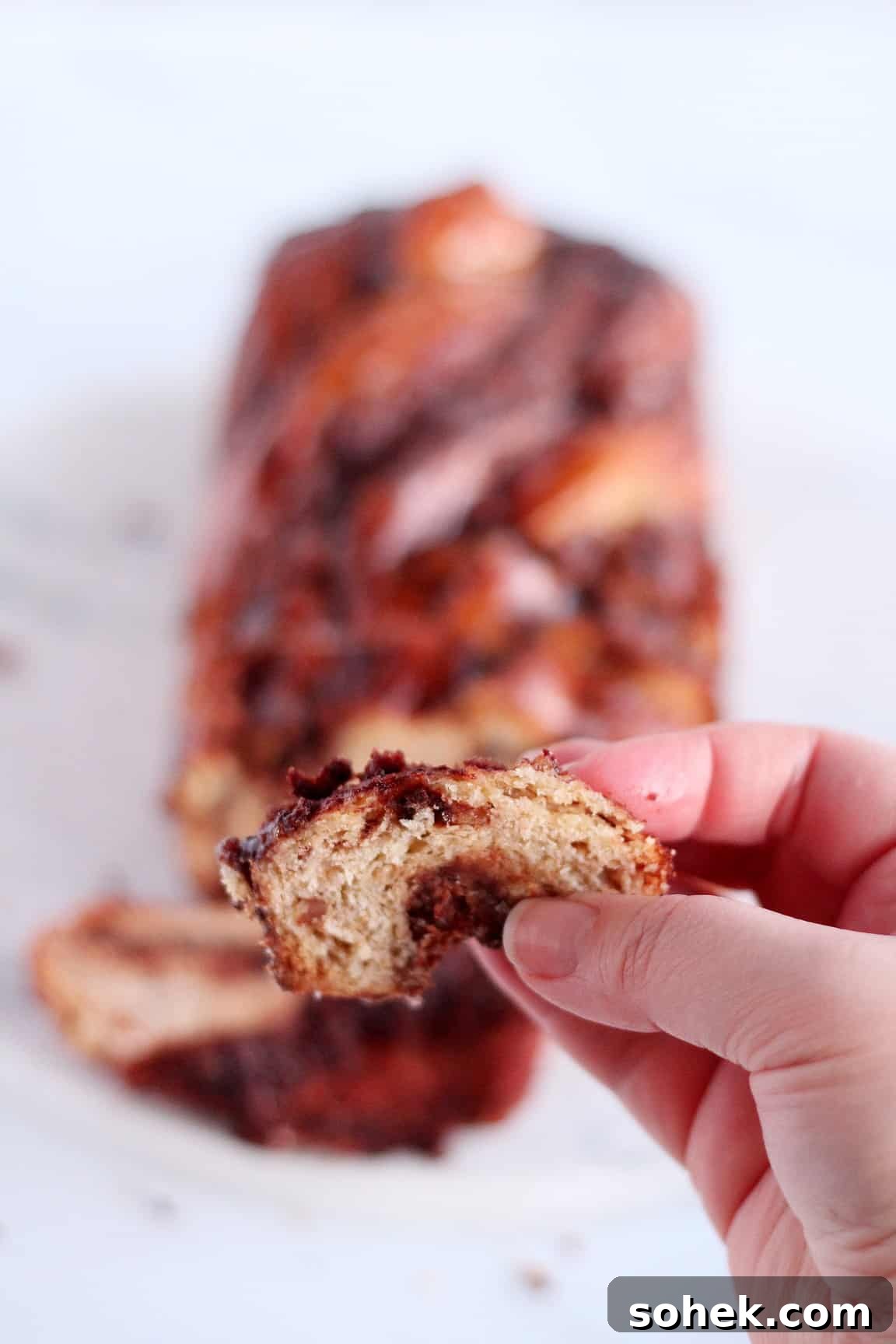 close up on piece of chocolate babka with almond filling