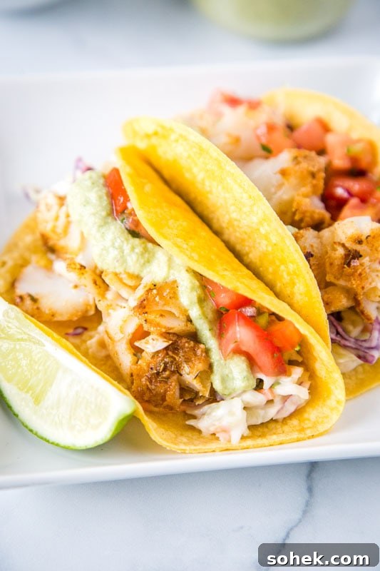 fish tacos in corn tortillas and lime wedge
