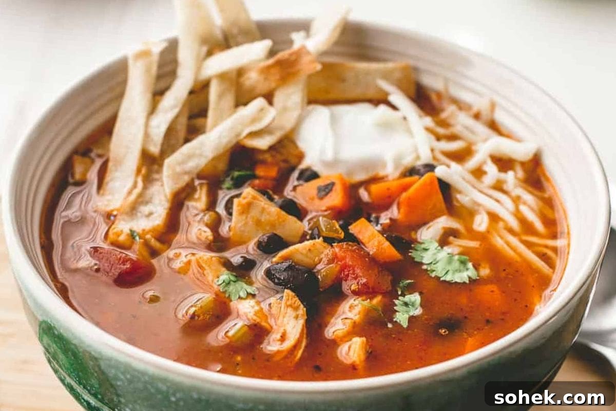 A bowl of turkey tortilla soup topped with tortilla strips.