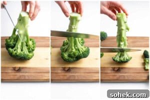 broccoli floret being cut off the stem.