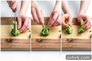 Broccoli florets are being cut into smaller sizes.