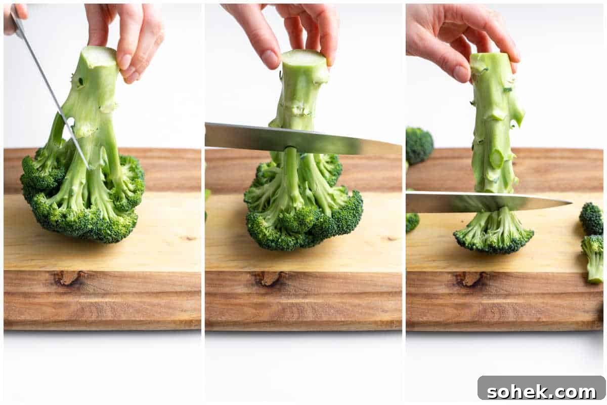 broccoli floret being cut off the stem.