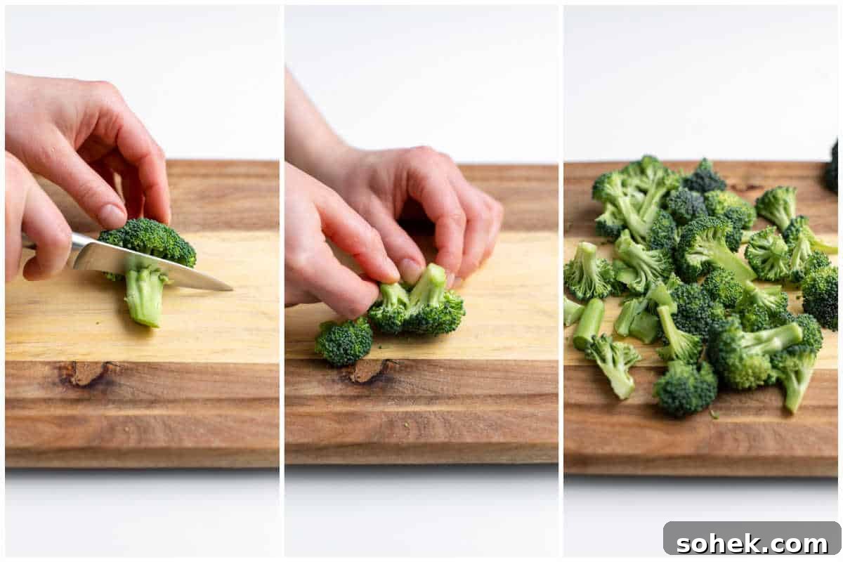 Stems being removed from broccoli.