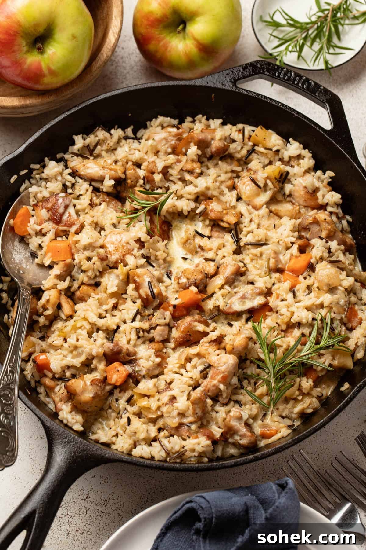 Dijon Chicken Skillet with Wild Rice and Veggies 2 Chicken and wild rice in a cast iron skillet with fresh rosemary on top.